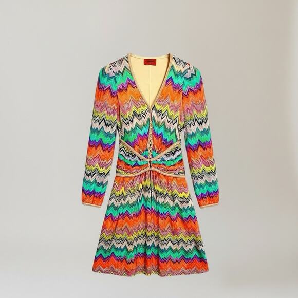 Missoni Italy Multicolor Zigzag Knit Long Sleeve Dress Rayon Silk Lined Small - Picture 16 of 16